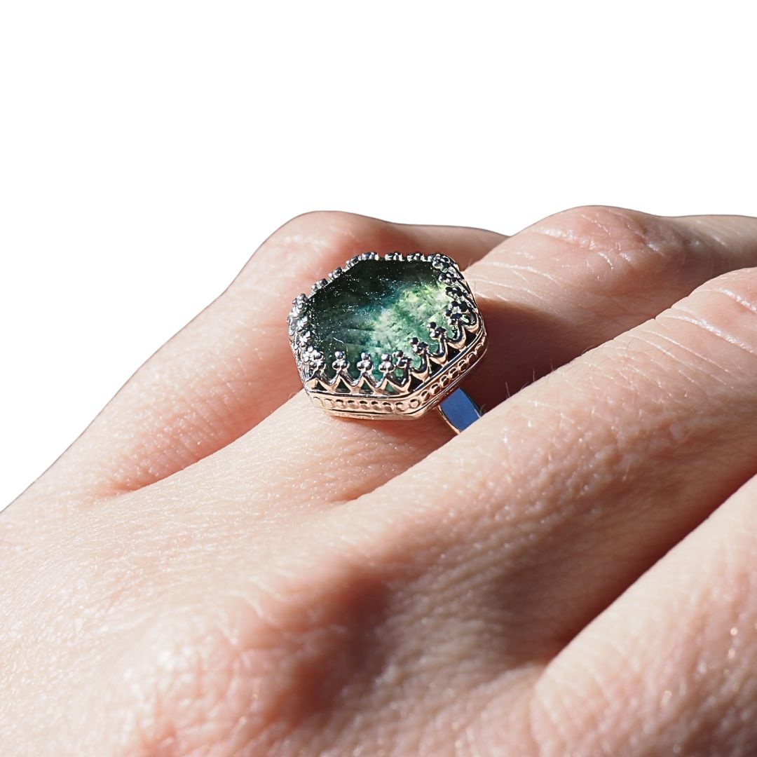 Lace Bezel Moss Agate Ring | Sterling Silver | Size 7