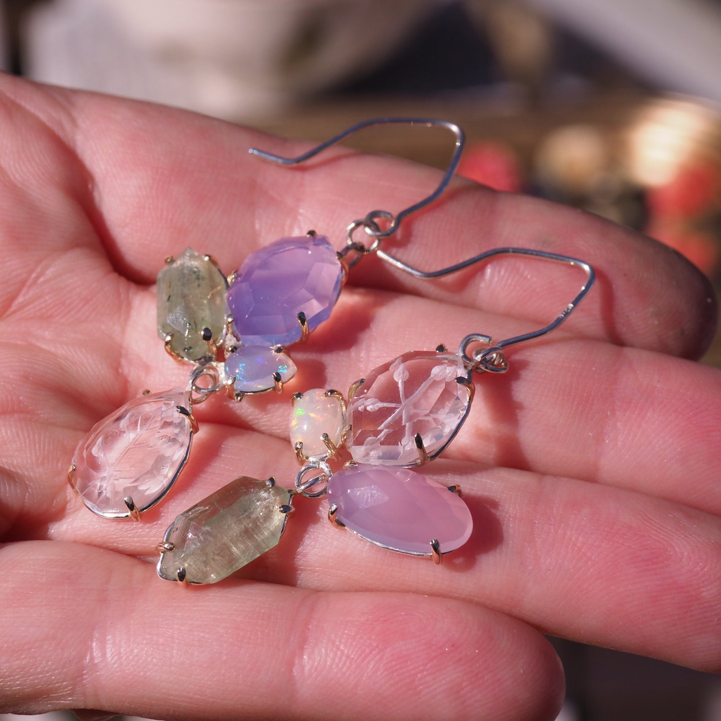 Hidden Garden Earrings - Silver and Gold, Reverse Intaglio Quartz, Kyanite, Opal, and Lavendar Quartz Earrings