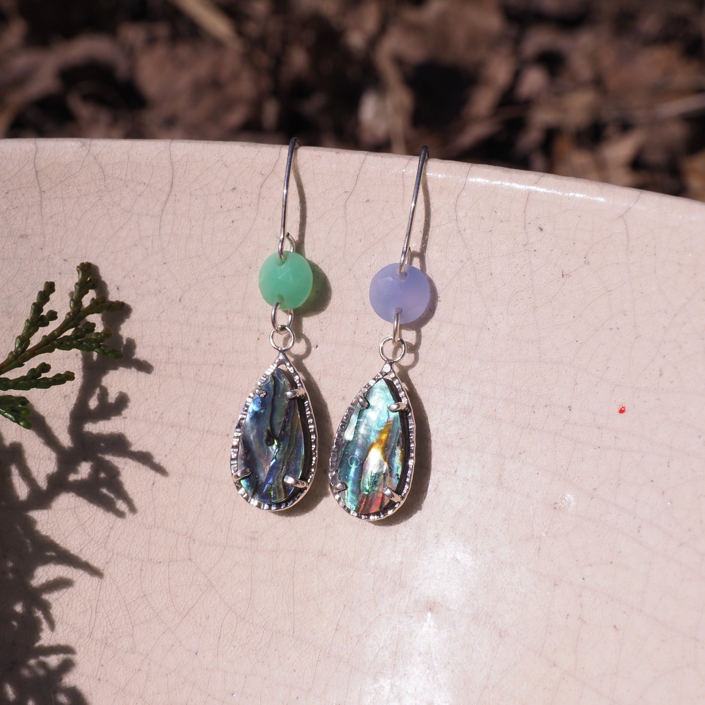 Tidal Glow Earrings - Sterling Silver, Abalone and Chalcedony Earrings