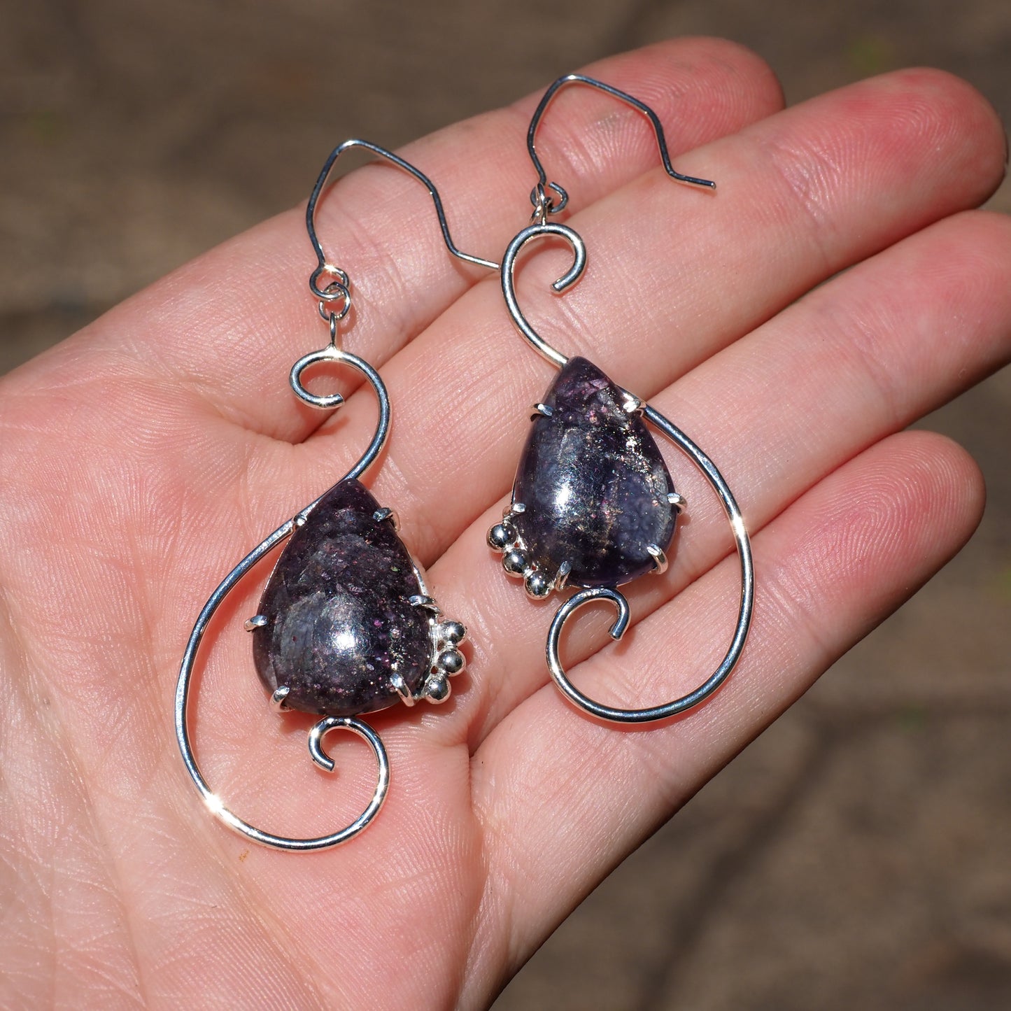 Large Scroll Earrings - Iolite Sunstone