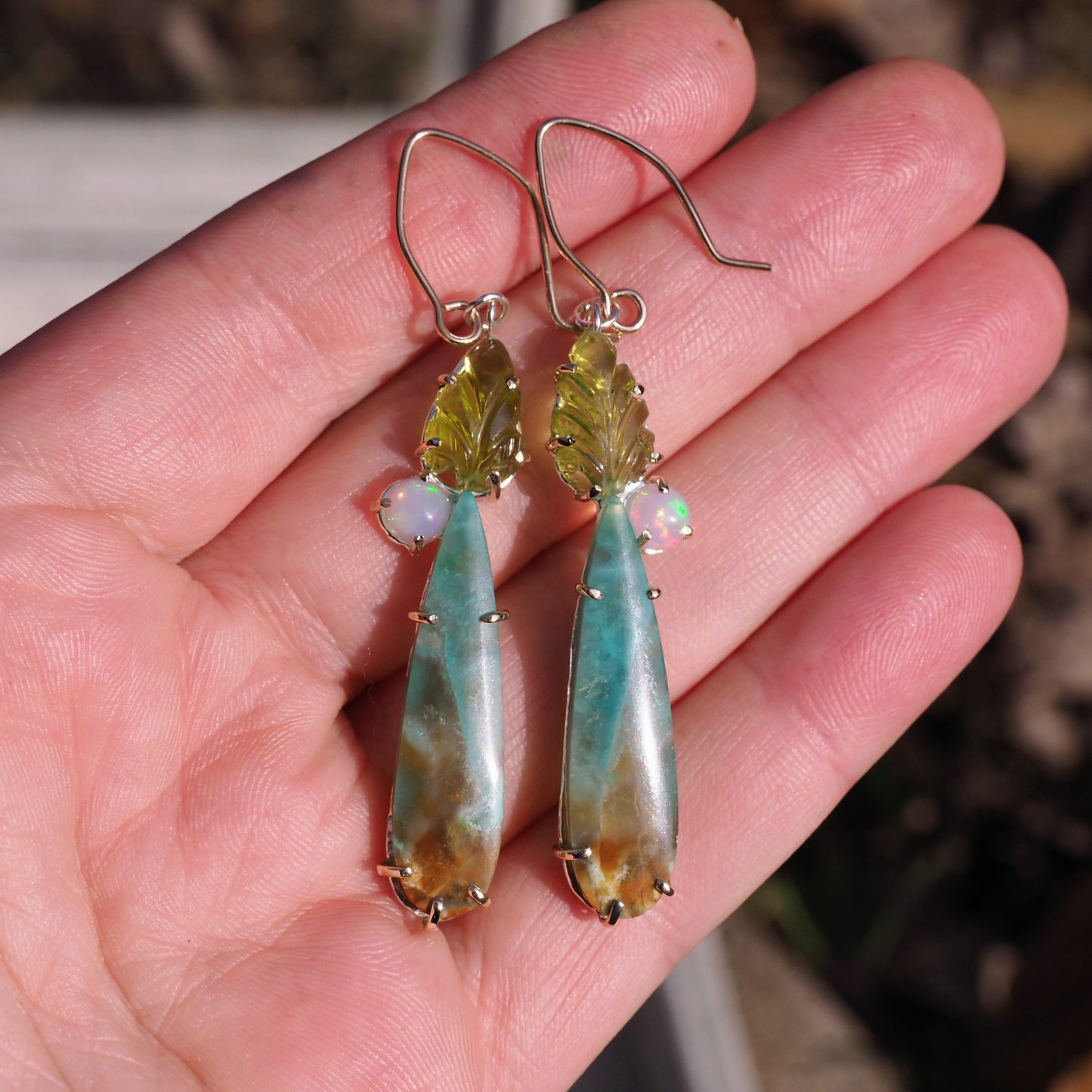 Legolas Greenleaf Earrings - Gold and Silver, Wood Opal, Peridot and Opal