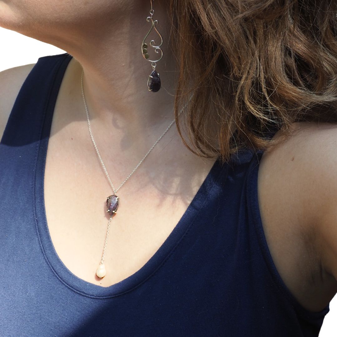 Iolite Sunstone Pearl Drop Necklace
