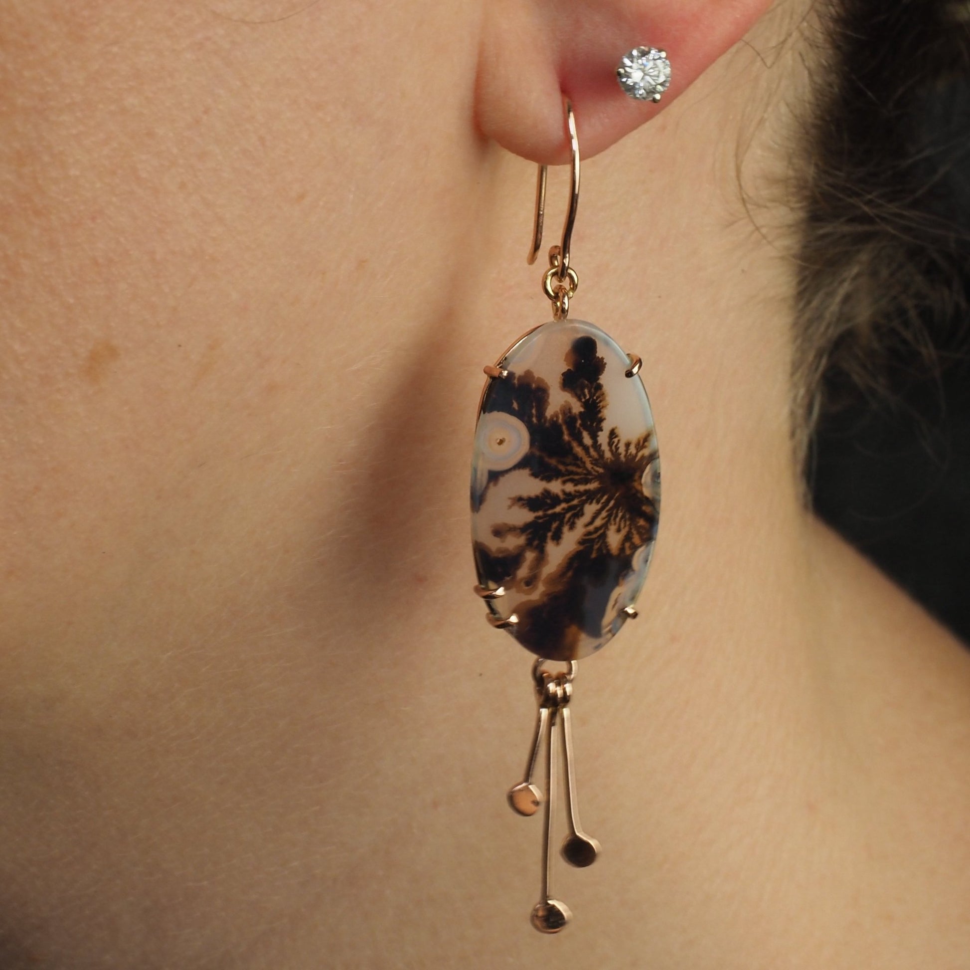 Large Oval Dendrite Agate Drop Earrings - Sepia Dreams in Rose Gold - Mettle by Abby