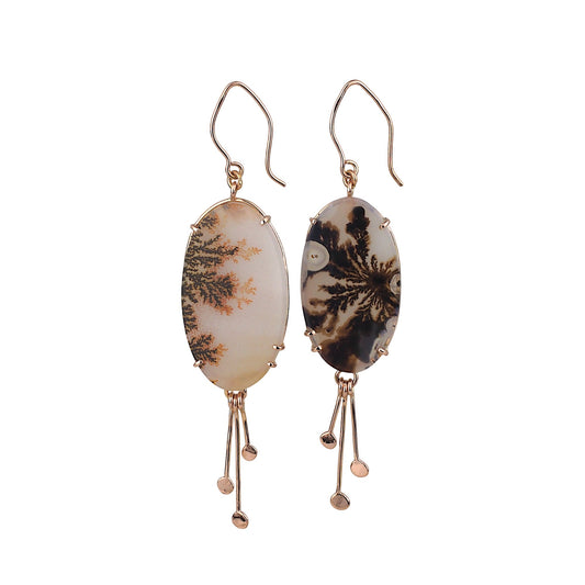 Large Oval Dendrite Agate Drop Earrings - Sepia Dreams in Rose Gold - Mettle by Abby
