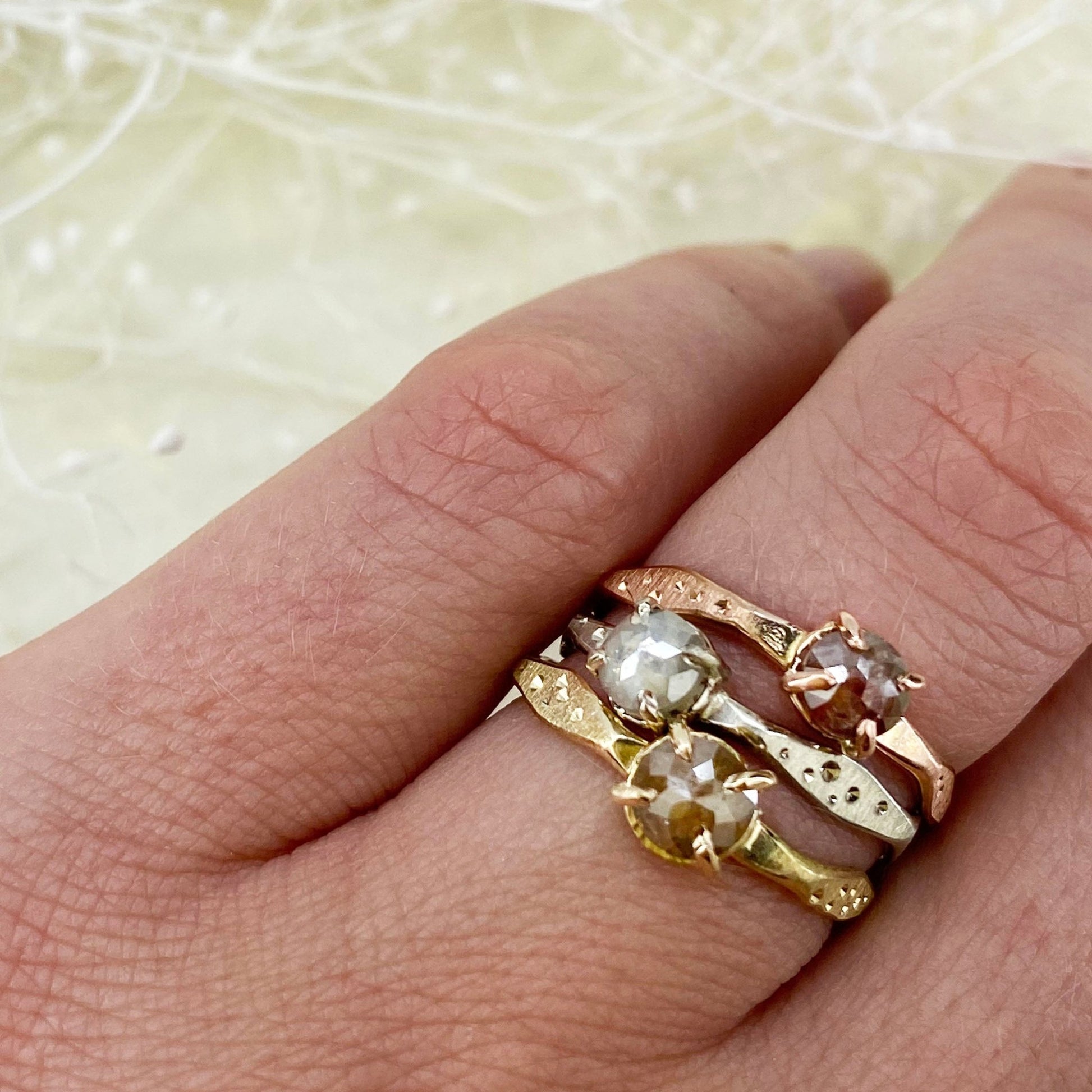 14k Tri Gold Rose Cut Diamond Ring Stackers - Mettle by Abby