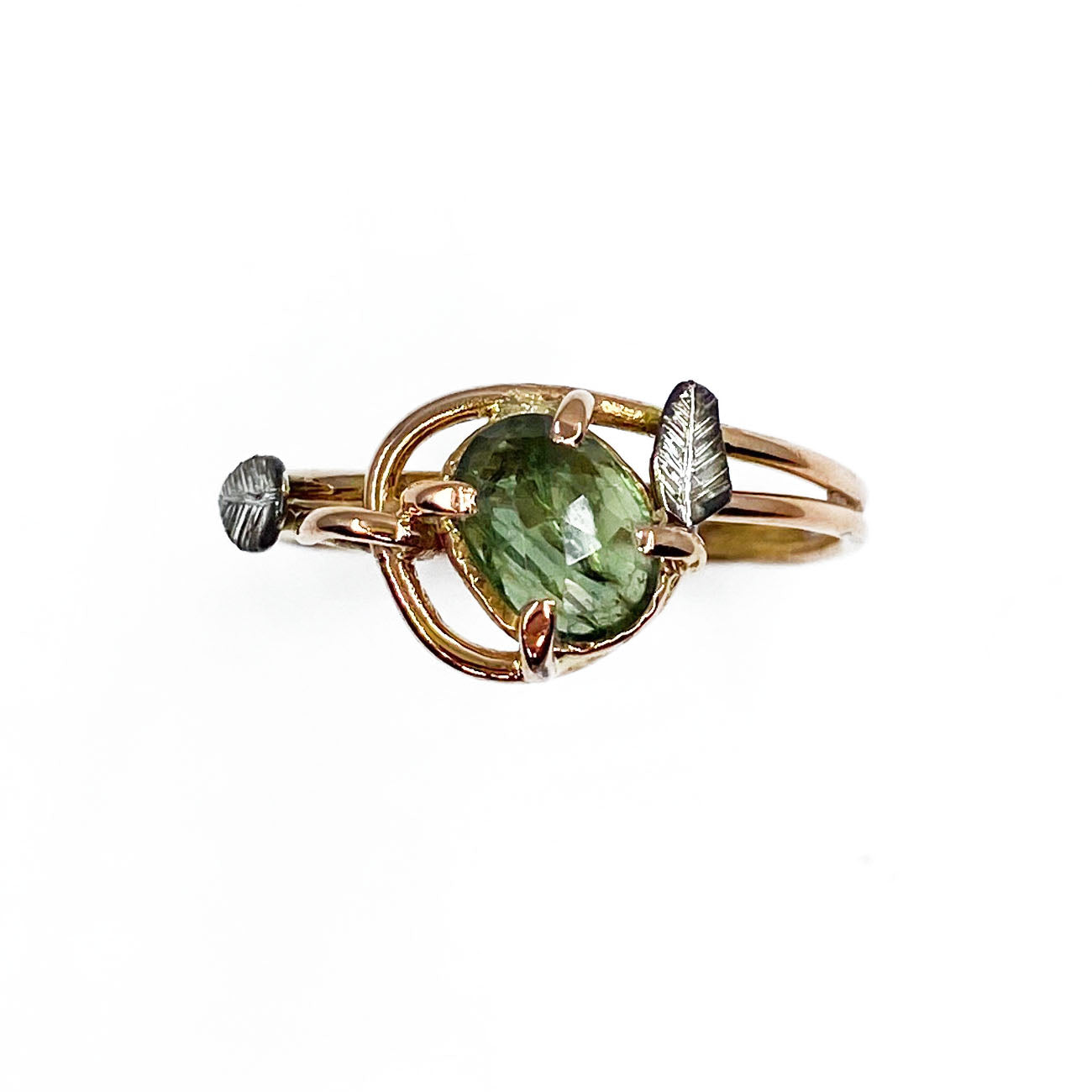 14k Rose and White Gold Green Sapphire Leaf Ring