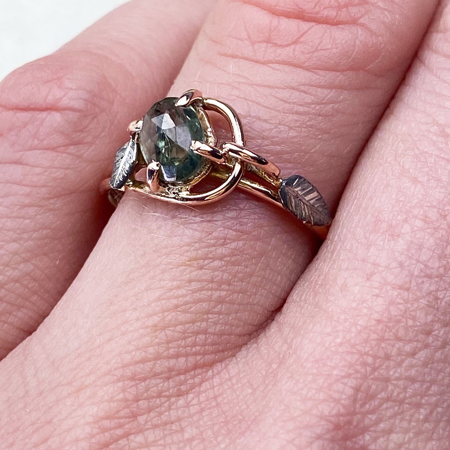 14k Rose and White Gold Green Sapphire Leaf Ring