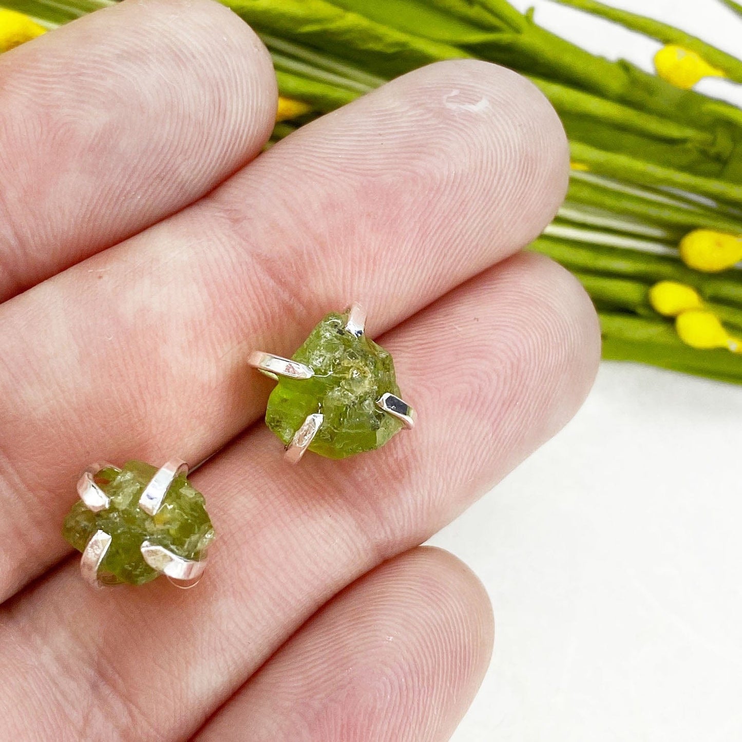 Raw Peridot Studs in Silver