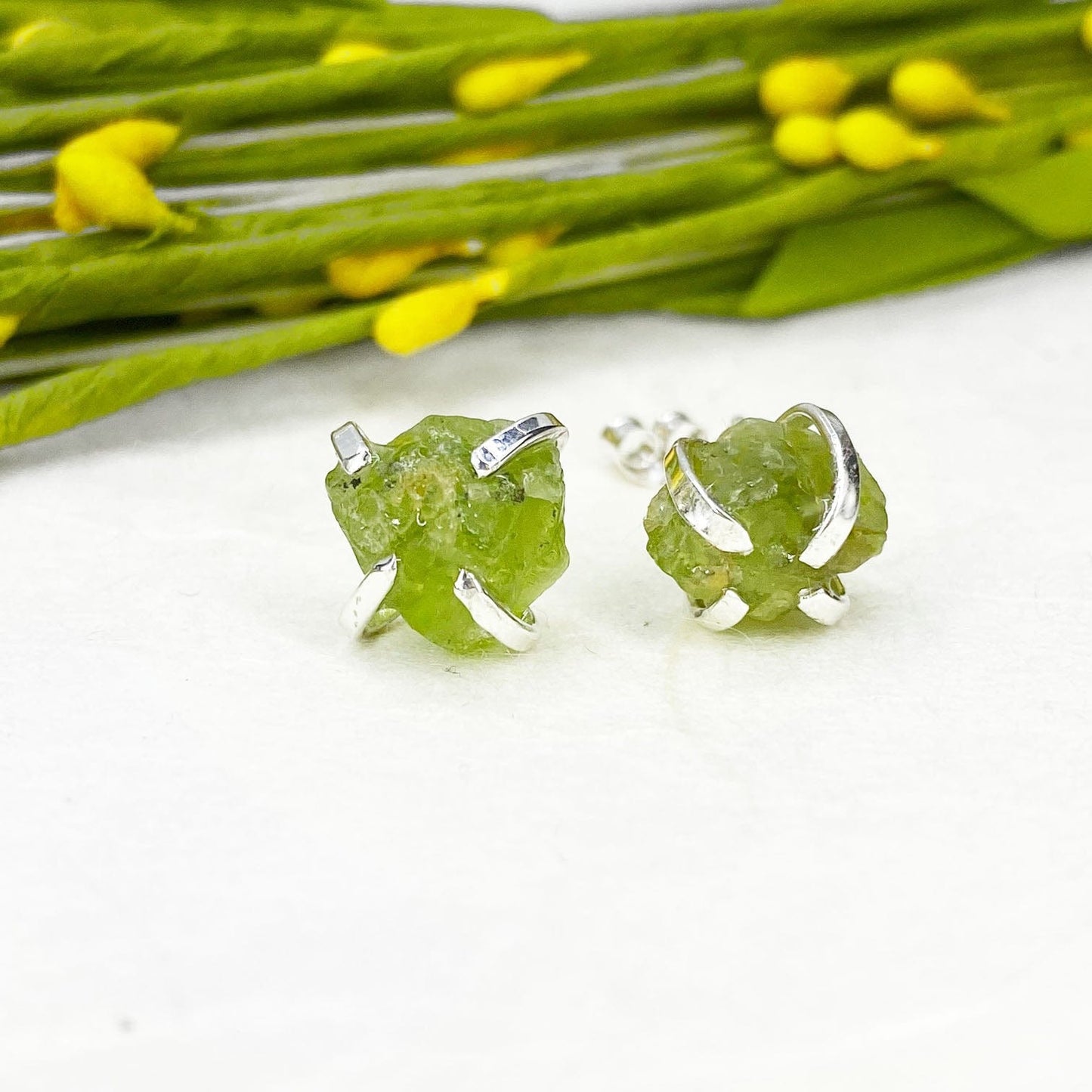 Raw Peridot Studs in Silver