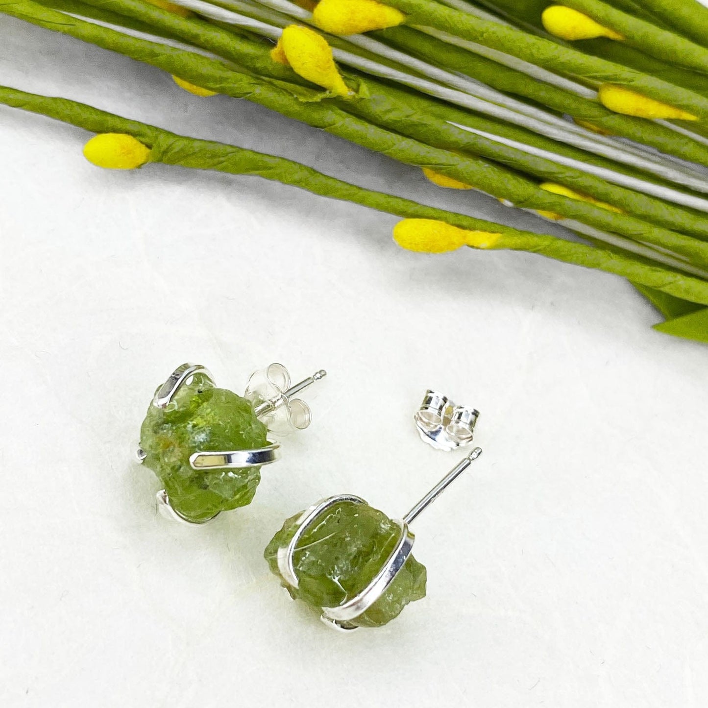 Raw Peridot Studs in Silver