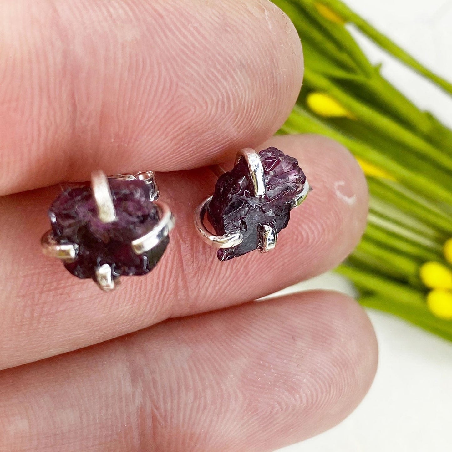 Raw Rhodolite Garnet Studs in Silver