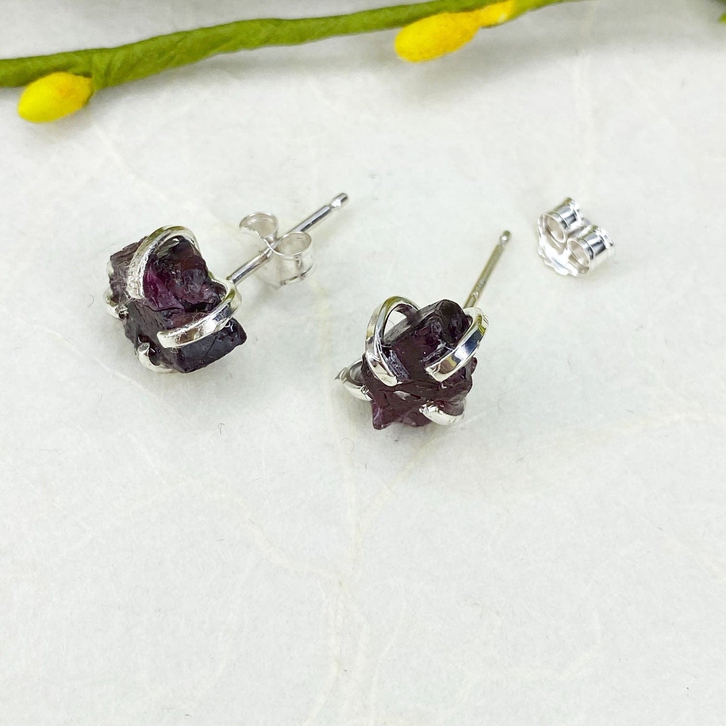 Raw Rhodolite Garnet Studs in Silver