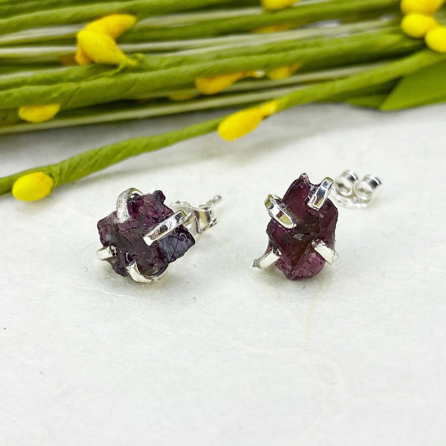 Raw Rhodolite Garnet Studs in Silver