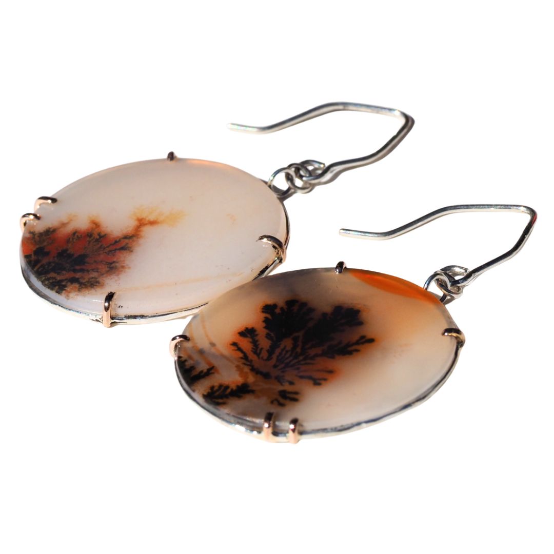 Burning Bush Dendritic Agate Earrings | Sterling Silver & 14K Rose Gold
