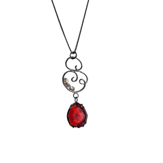 Iron & Ember Hessonite Garnet Scrollwork Necklace | Oxidized Sterling Silver & 14K Gold