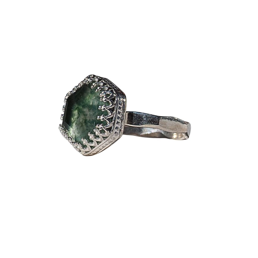 Lace Bezel Moss Agate Ring | Sterling Silver | Size 7