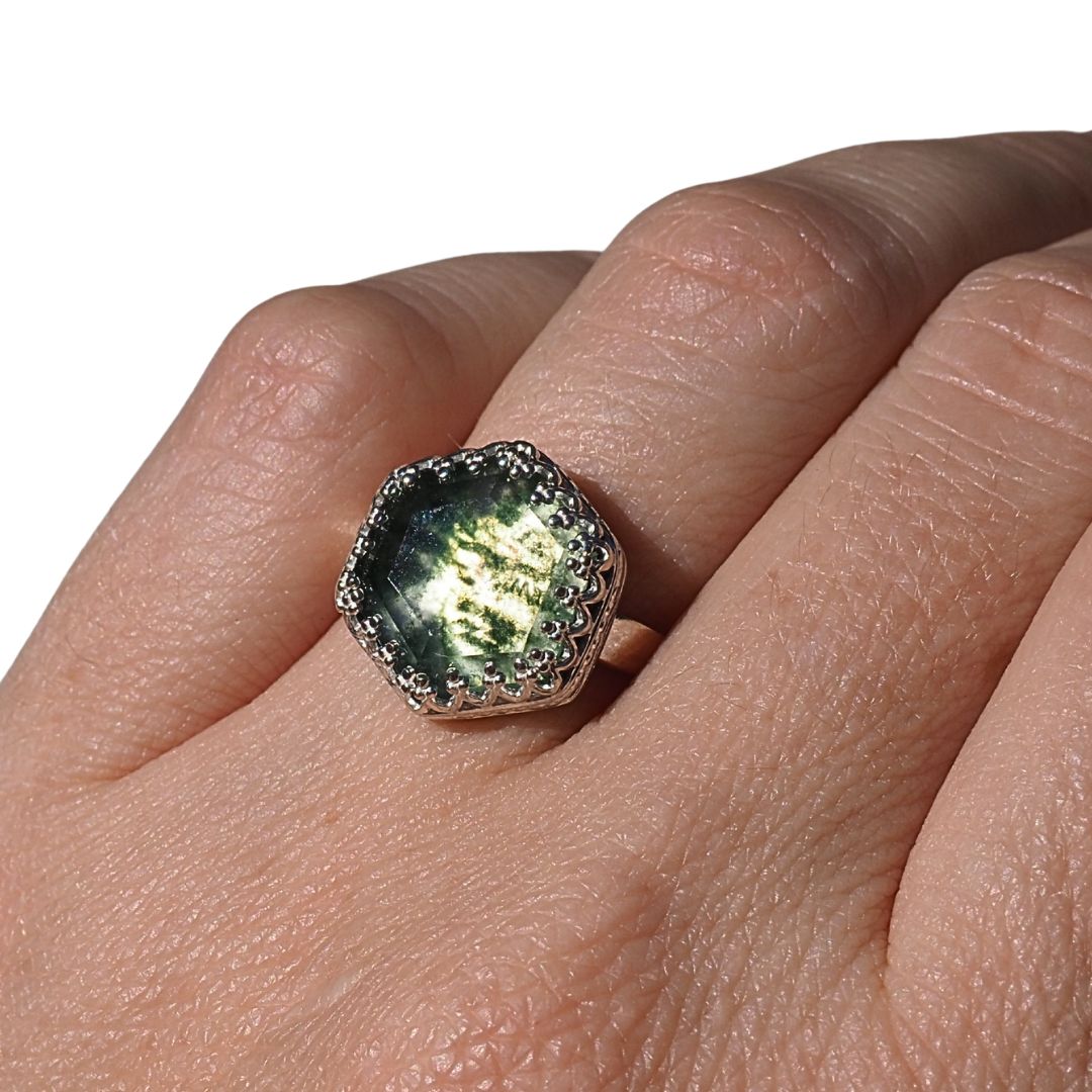 Lace Bezel Moss Agate Ring | Sterling Silver | Size 7
