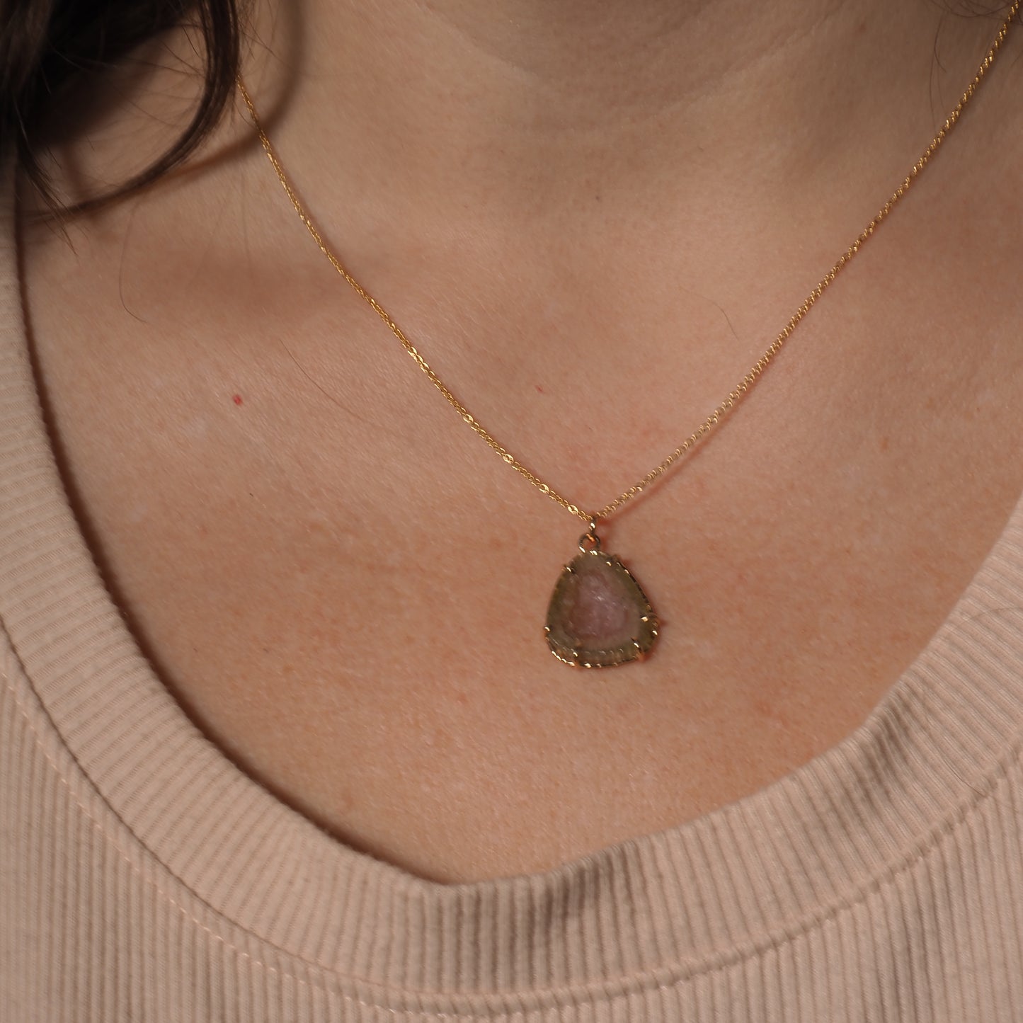 14k Watermelon Tourmaline Slice Necklace