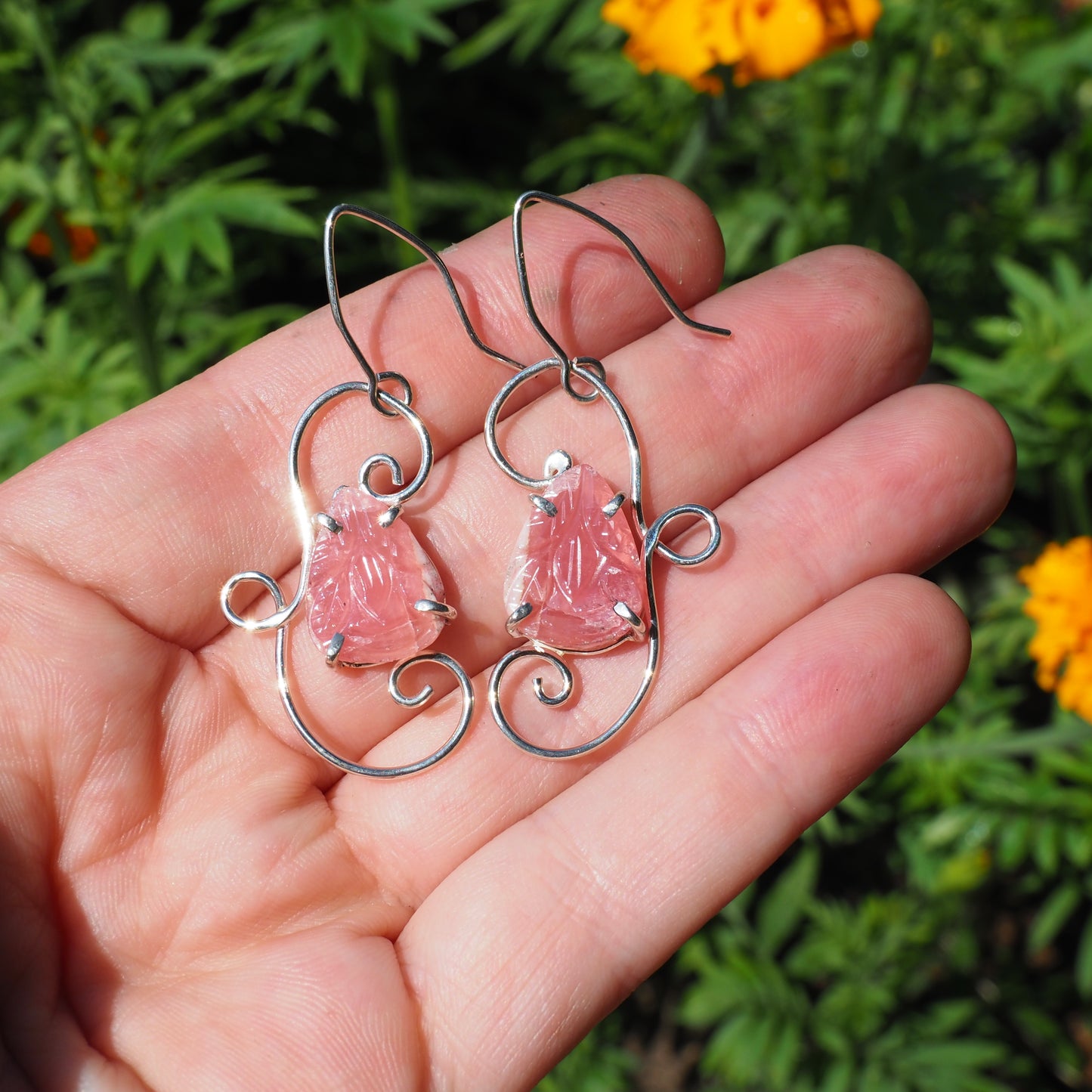 Carved Rhodochrosite Scroll Earrings