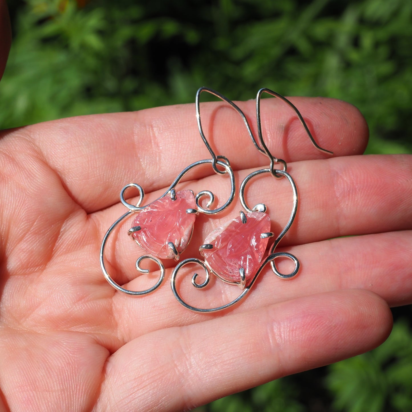 Carved Rhodochrosite Scroll Earrings