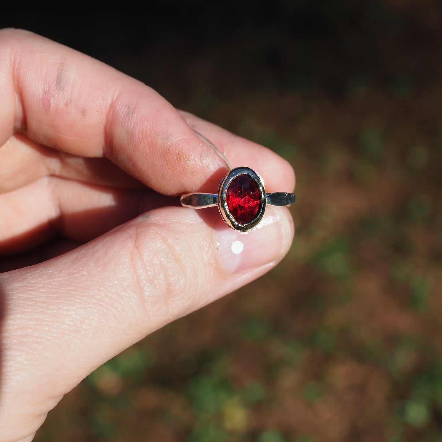 Raspberry Garnet Gold Bezel Ring - Size 7.5