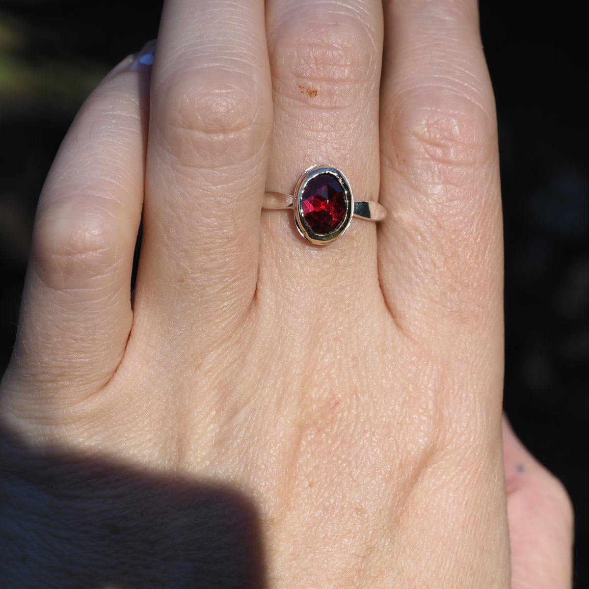 Raspberry Garnet Gold Bezel Ring - Size 7.5
