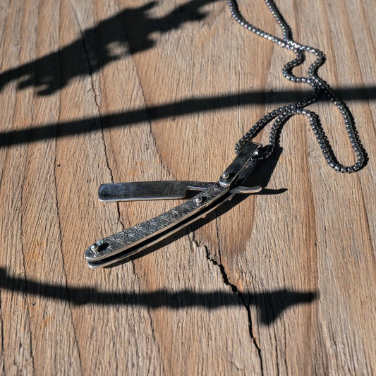 Ornate Straight Razor Necklace in Silver