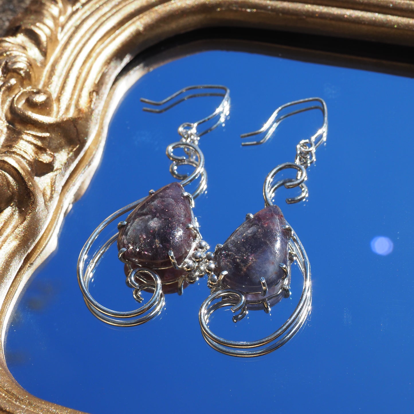 Large Scroll Earrings - Iolite Sunstone