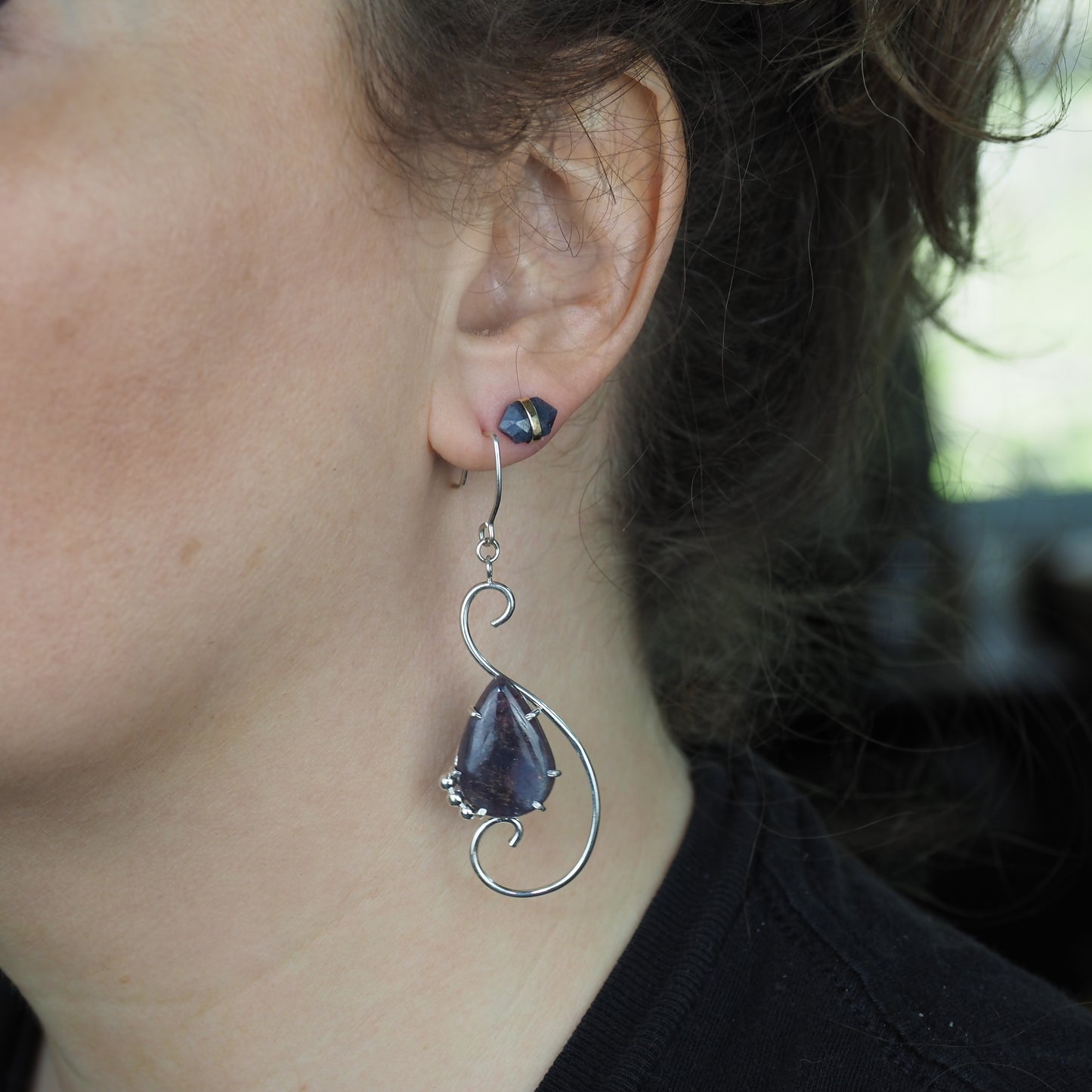 Large Scroll Earrings - Iolite Sunstone