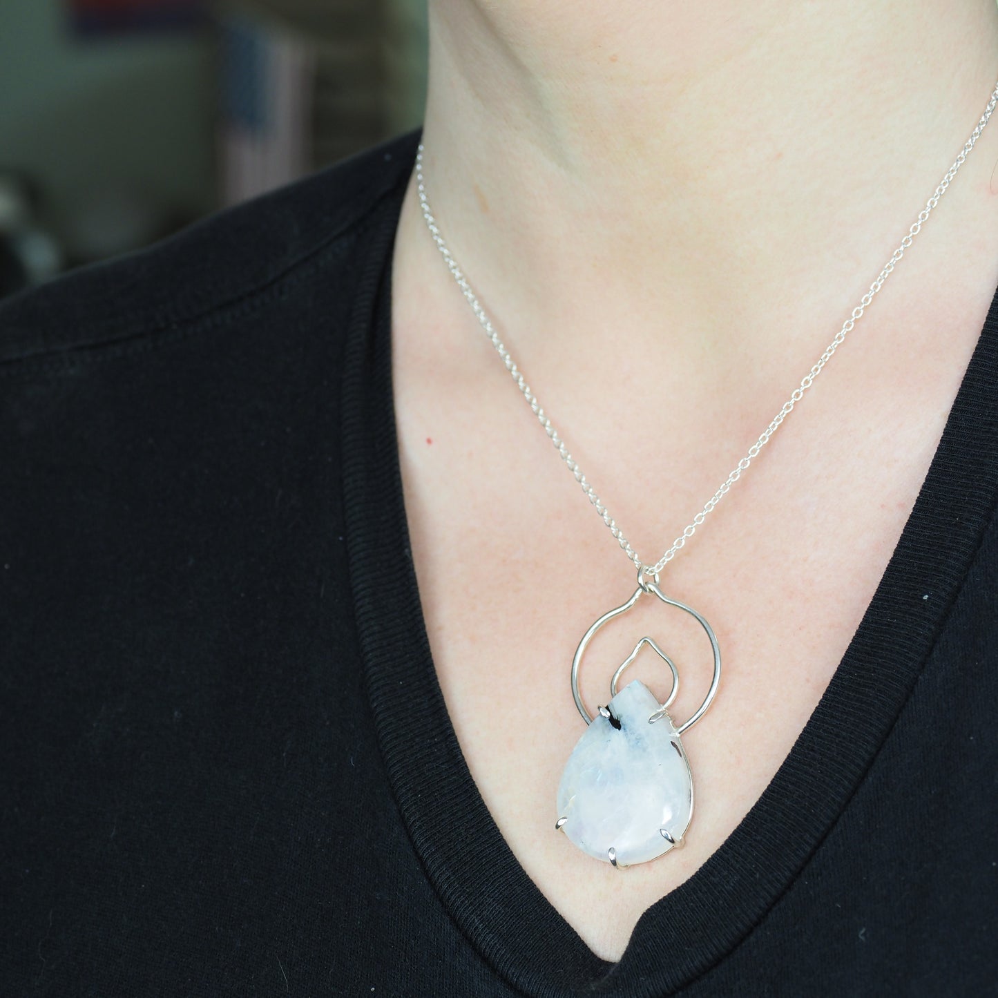 Votive Necklace - Spotted Rainbow Moonstone Necklace in Sterling Silver
