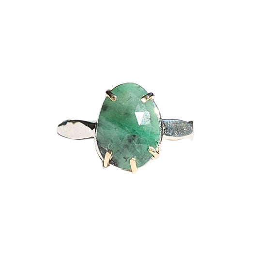 Rose Cut Emerald Ring | 14K Gold Prongs & Sterling Silver | Size 6.5