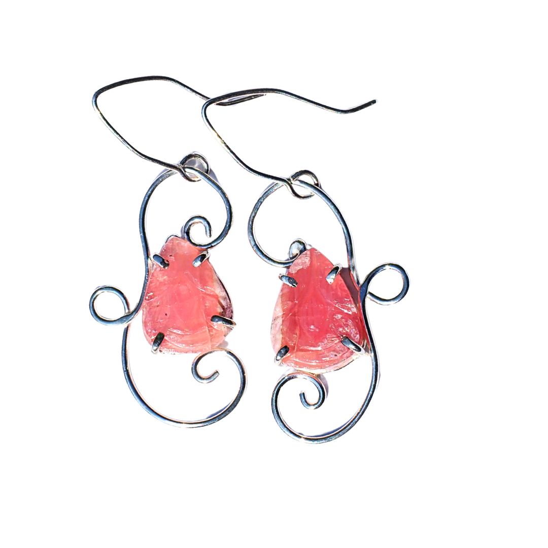Carved Rhodochrosite Scroll Earrings