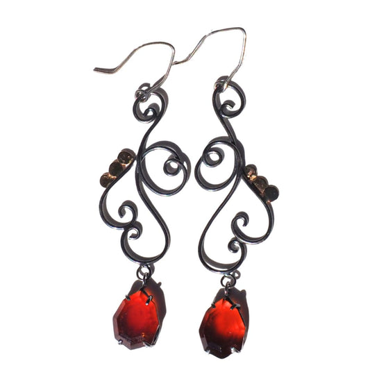 Iron & Ember Hessonite Garnet Scrollwork Earrings | Oxidized Sterling Silver & 14K Gold