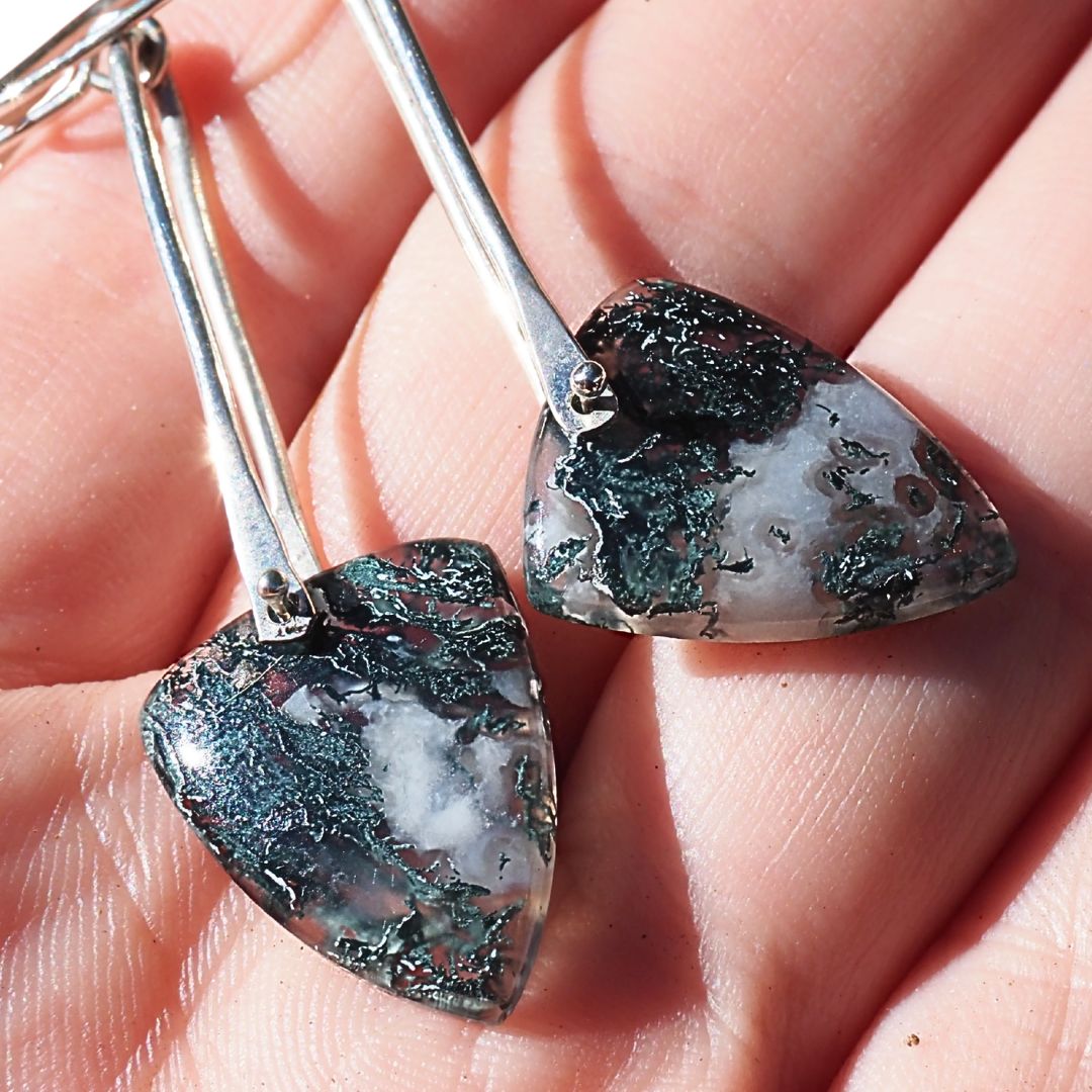 Moss Agate Pendulum Earrings | Sterling Silver