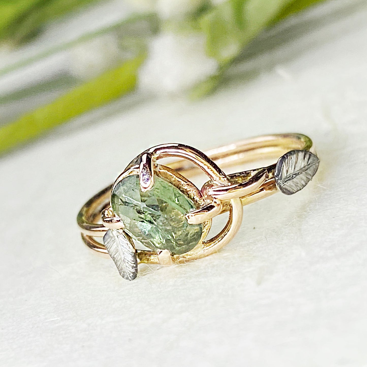 14k Rose and White Gold Green Sapphire Leaf Ring