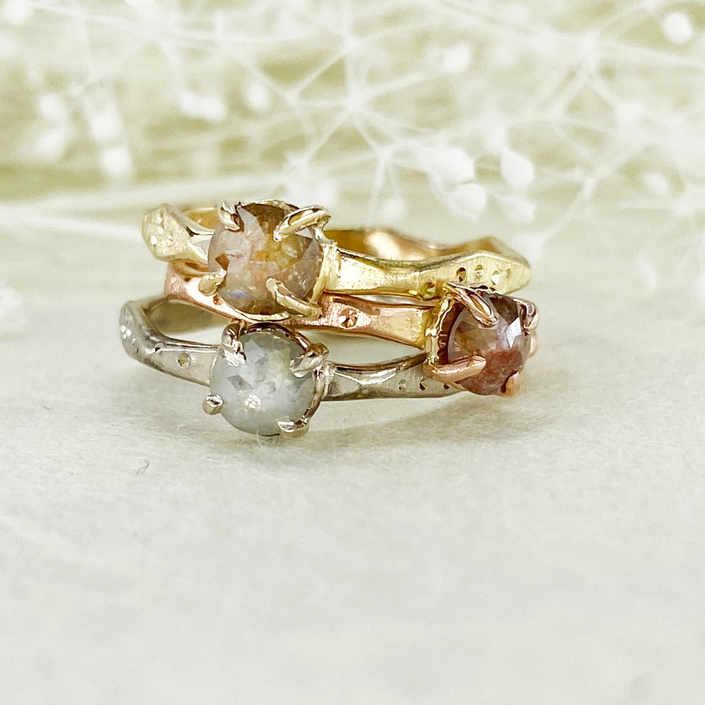 14k Tri Gold Rose Cut Diamond Ring Stackers