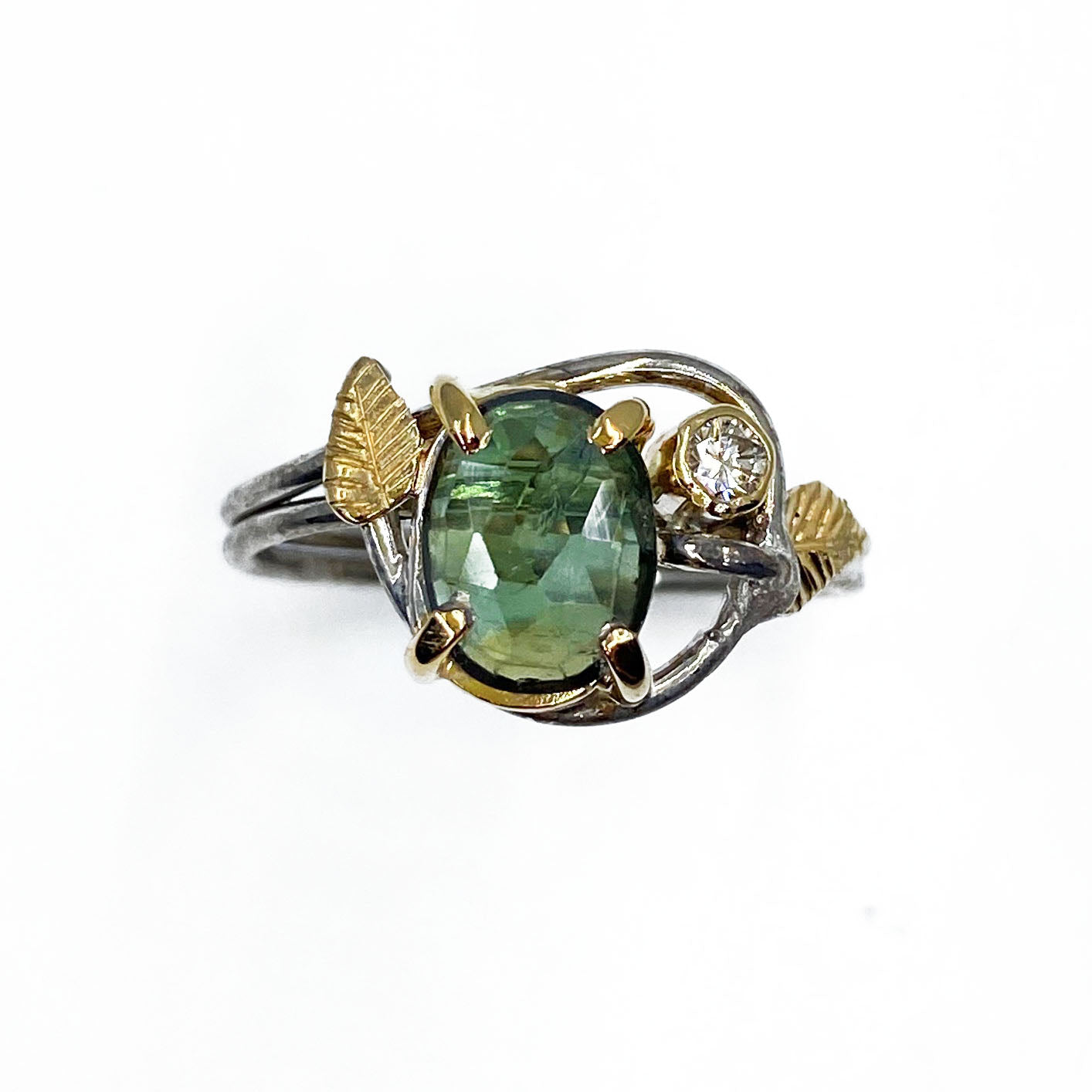 14k White and Yellow Gold Green Sapphire Leaf Ring