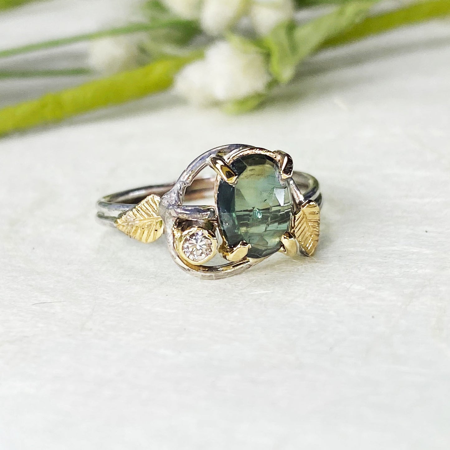 14k White and Yellow Gold Green Sapphire Leaf Ring