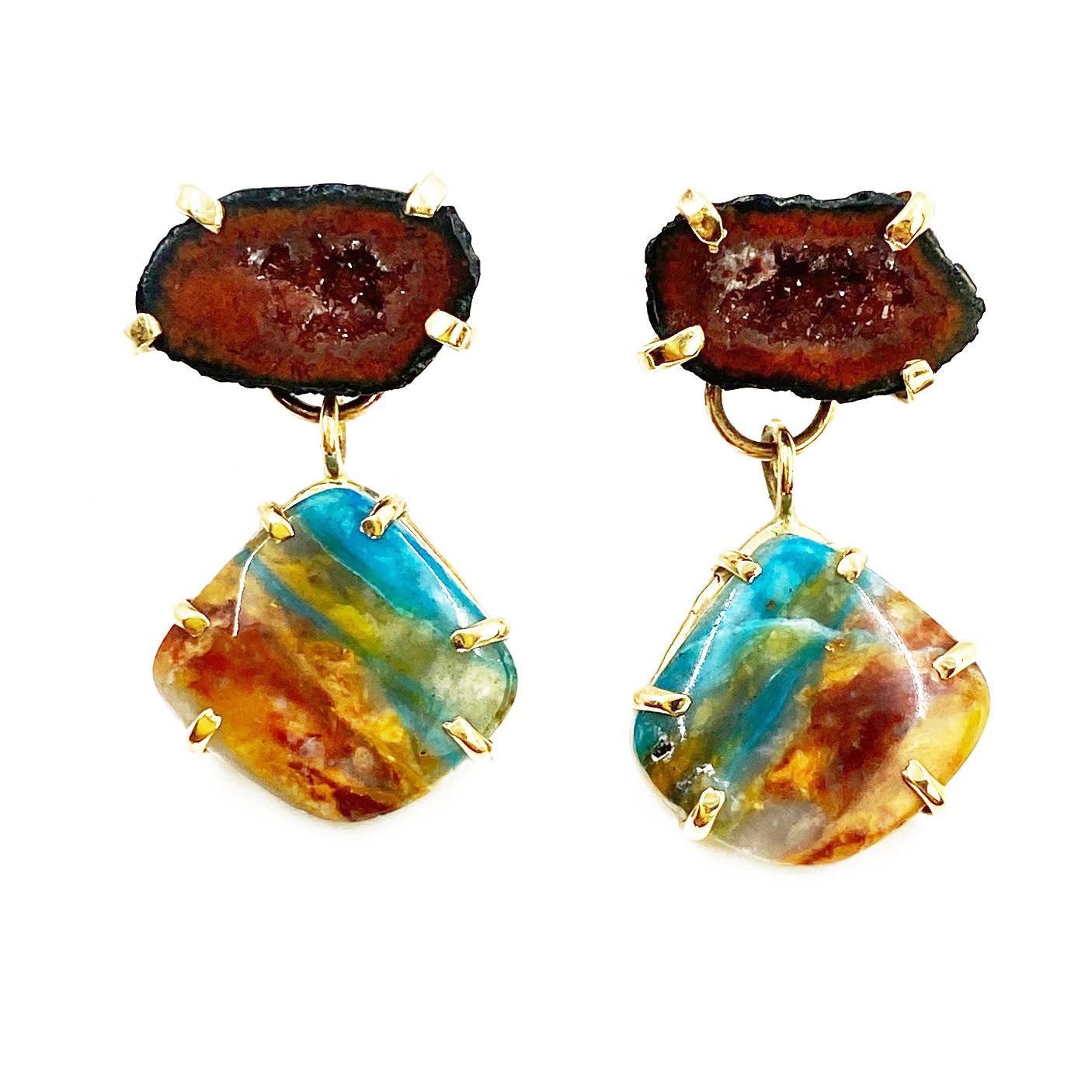 14k Yellow Gold, Red Geode & Peruvian Opal Earrings