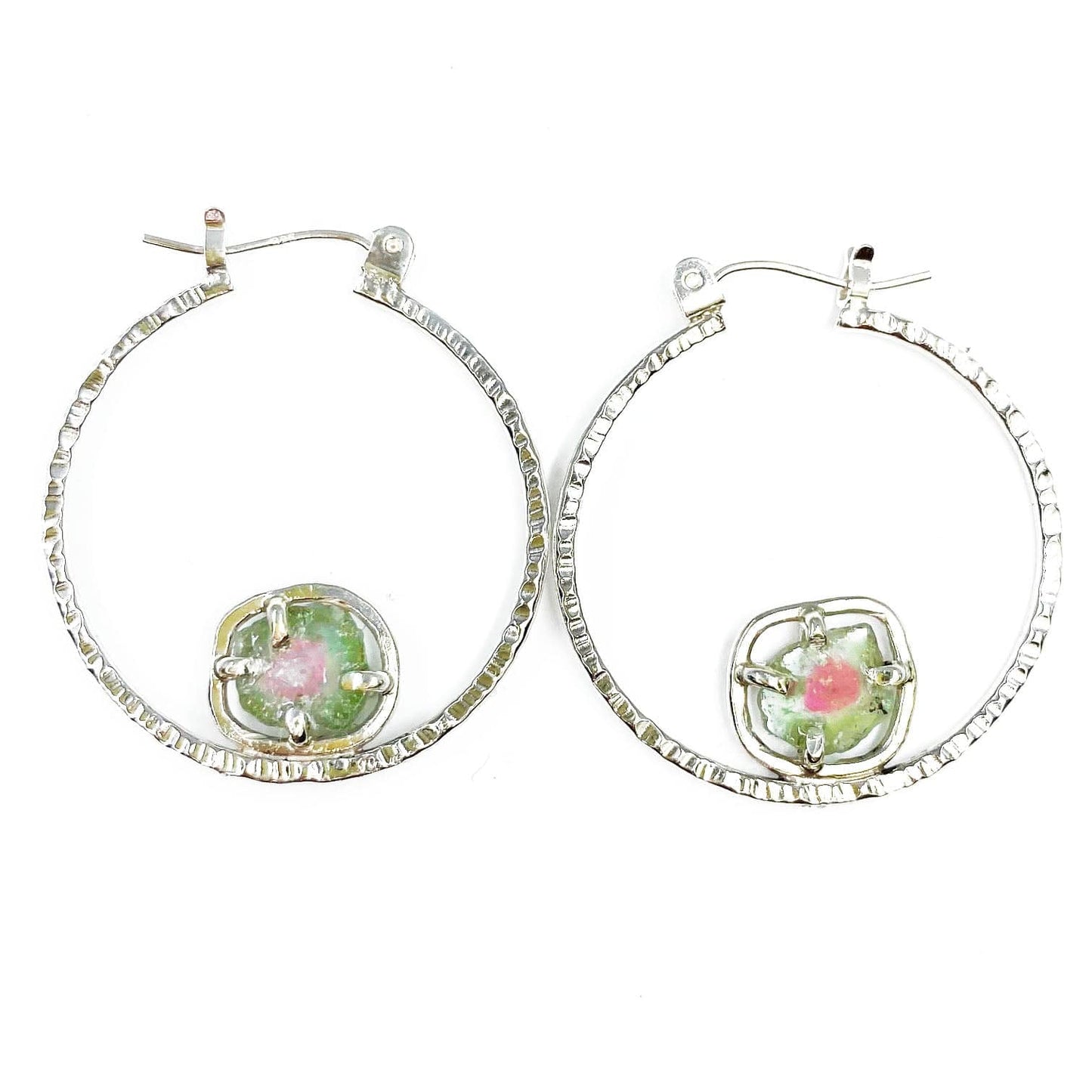 Green Watermelon Tourmaline Hoops in Silver