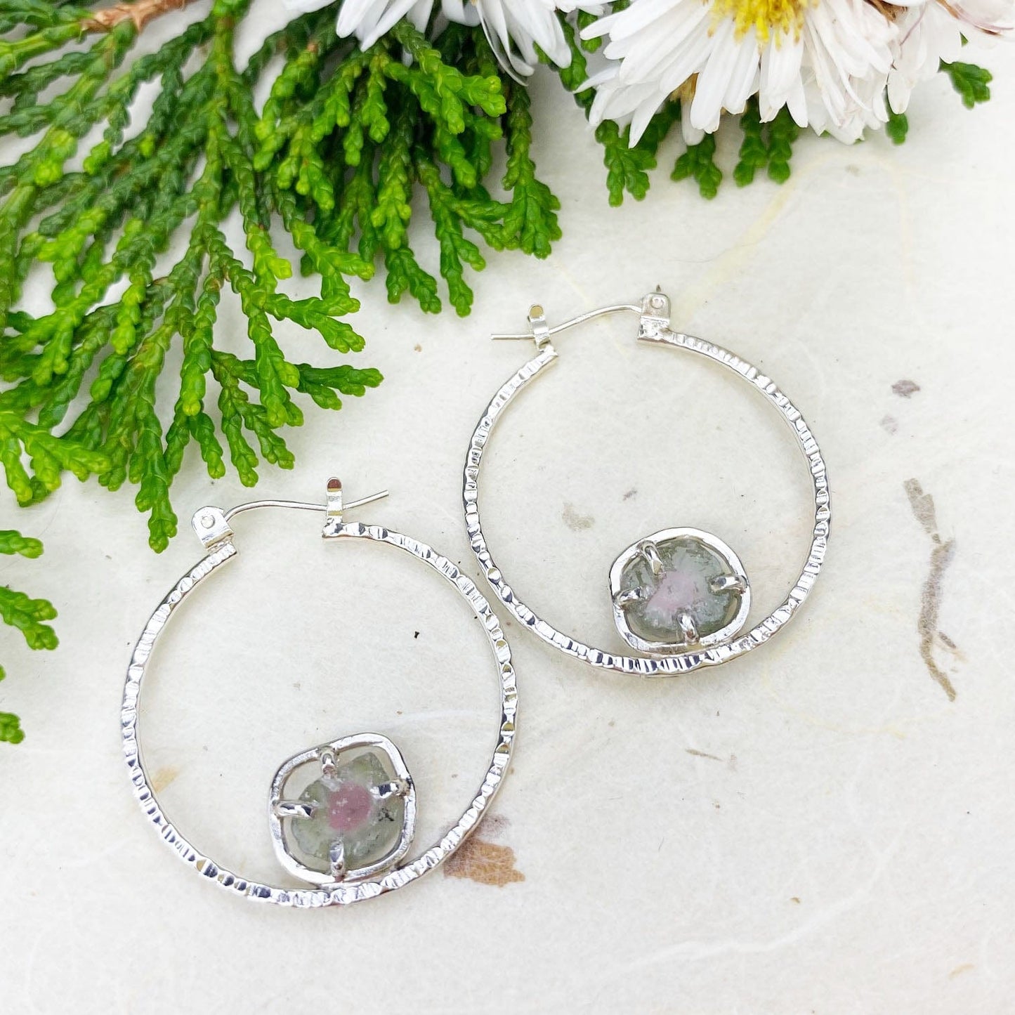 Green Watermelon Tourmaline Hoops in Silver