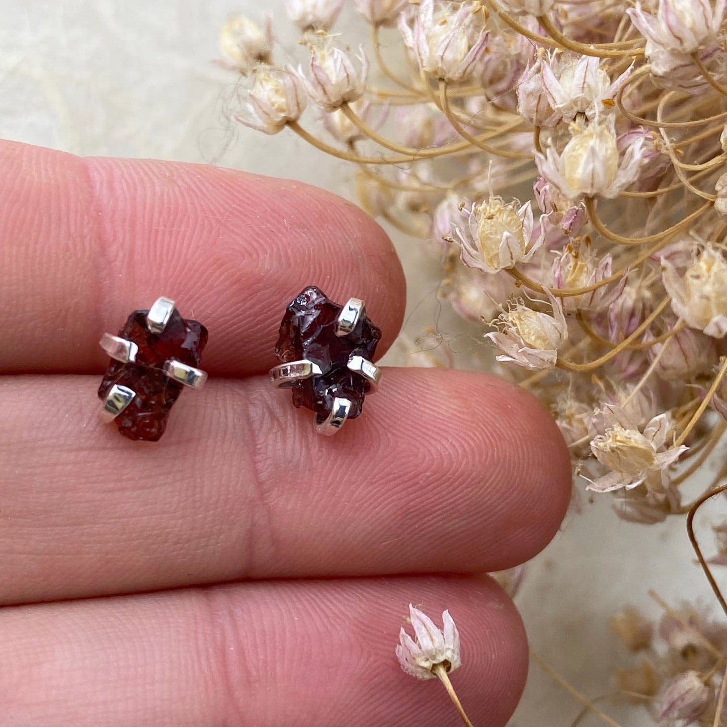 Raw Garnet Silver Studs