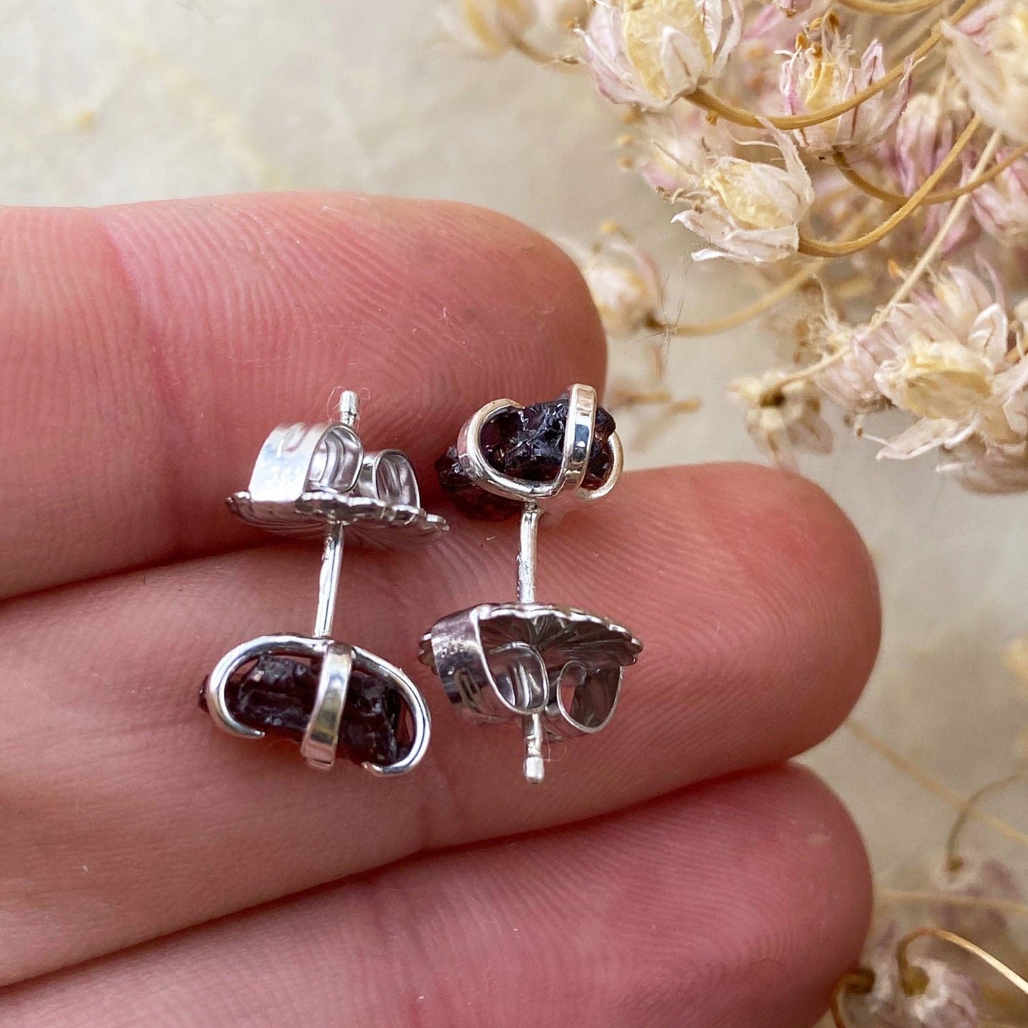 Raw Garnet Silver Studs