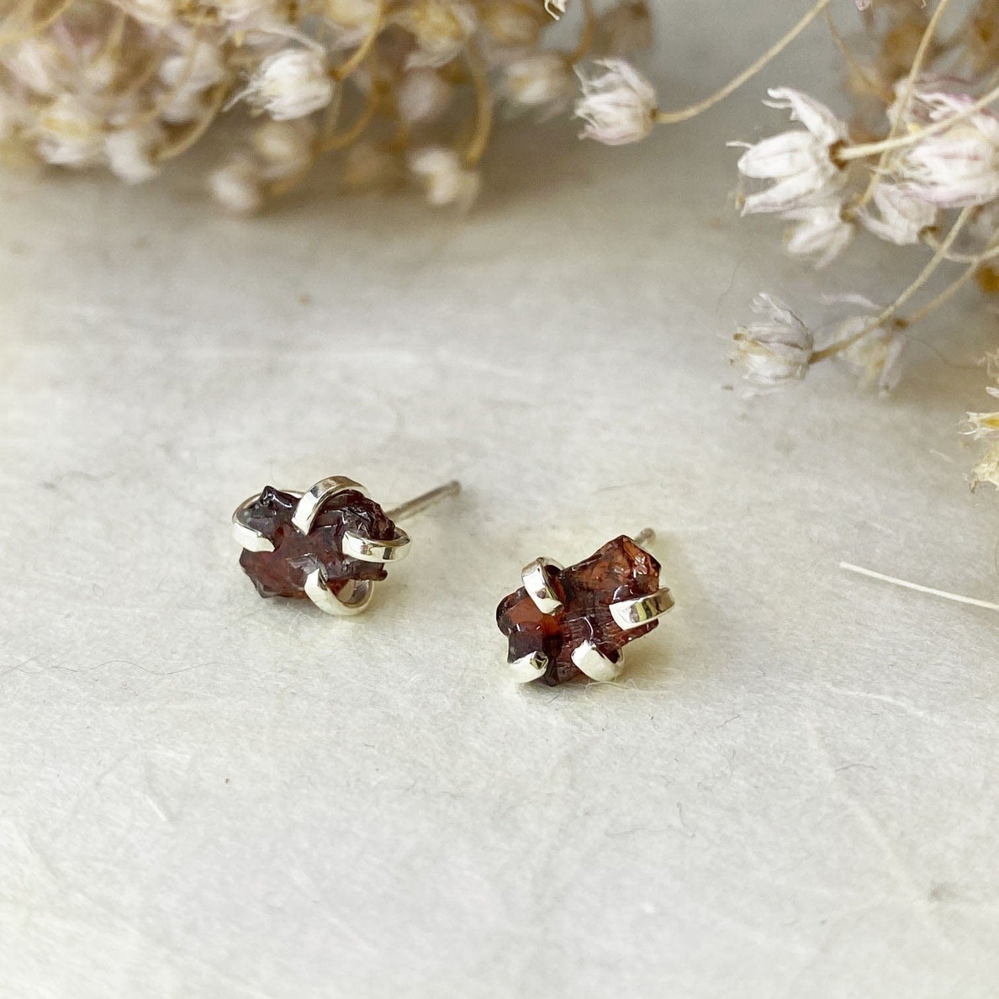 Raw Garnet Silver Studs