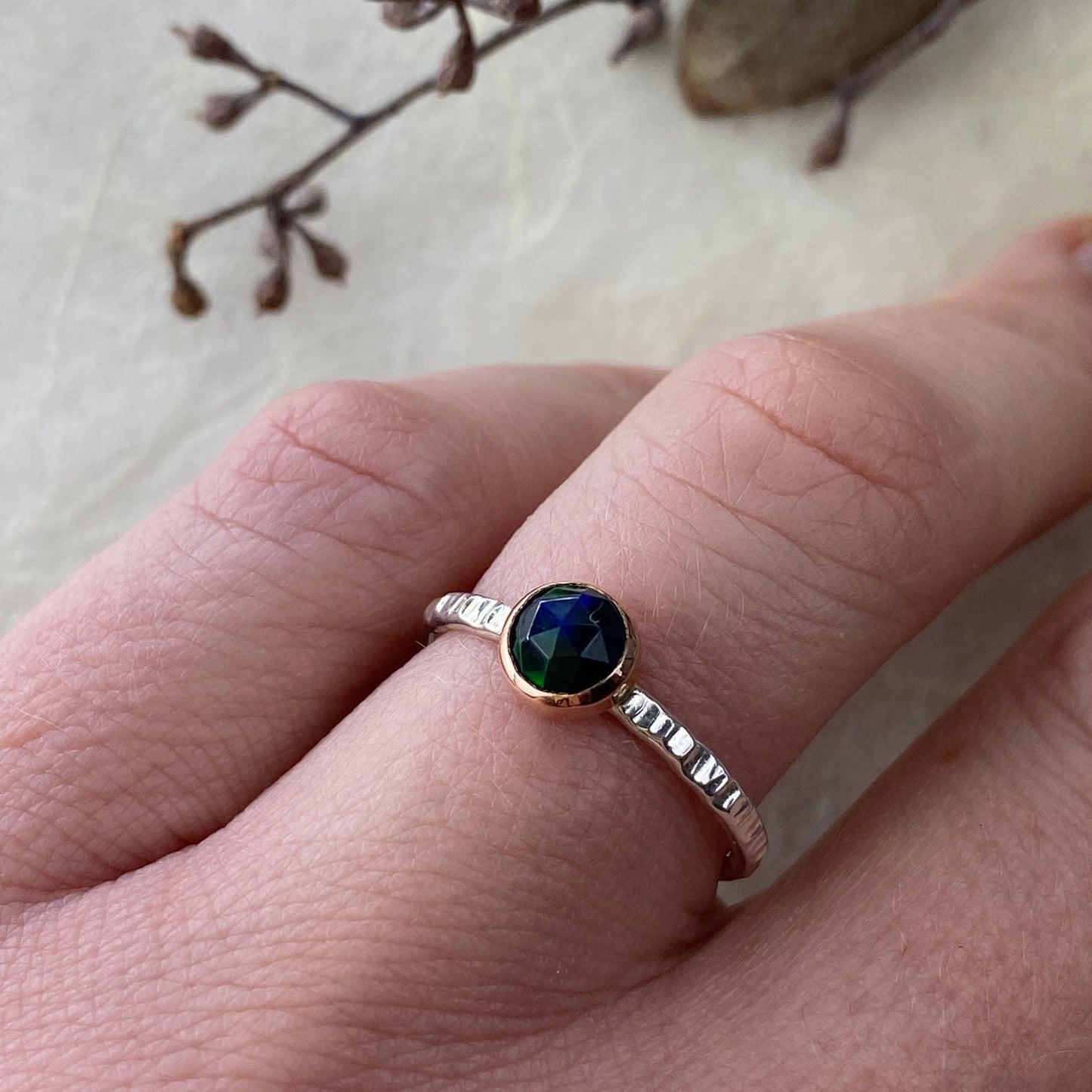 Rose Gold and Silver Black Opal Ring