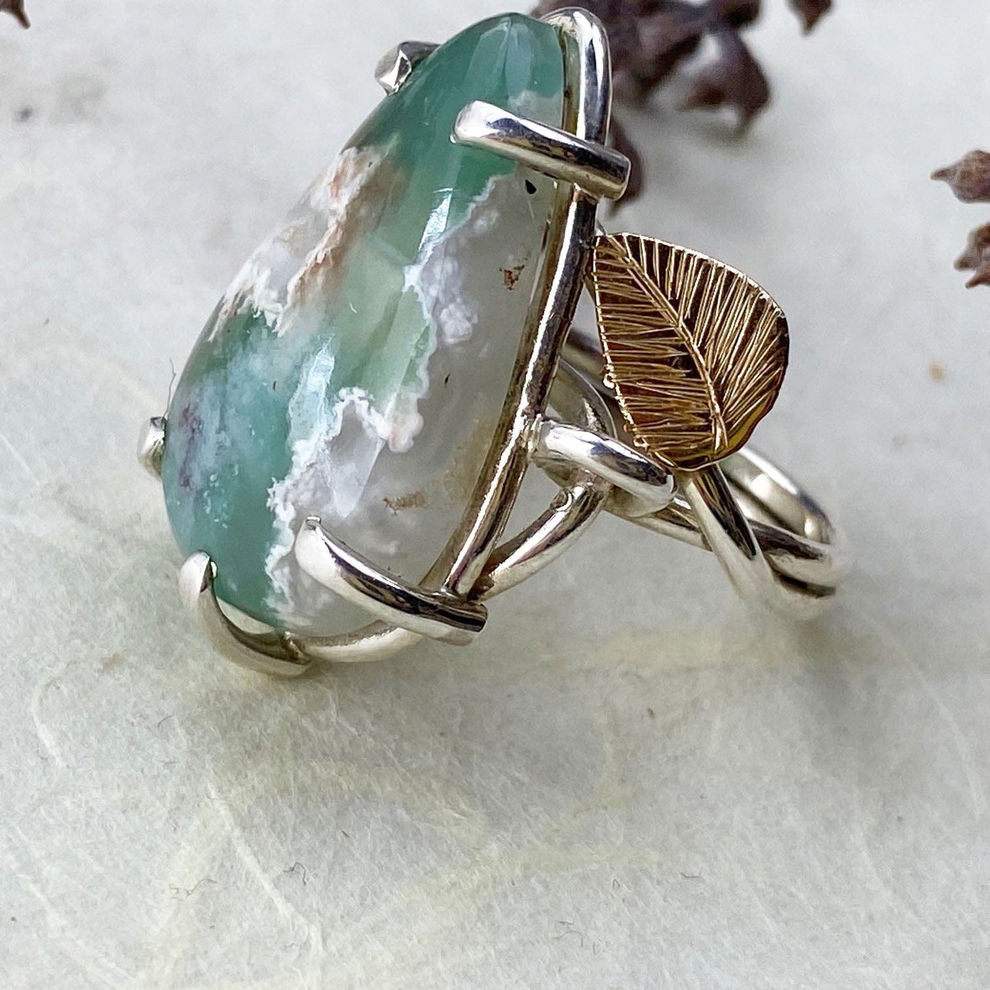 Rose Gold and Silver Chrysoprase Leaf Ring