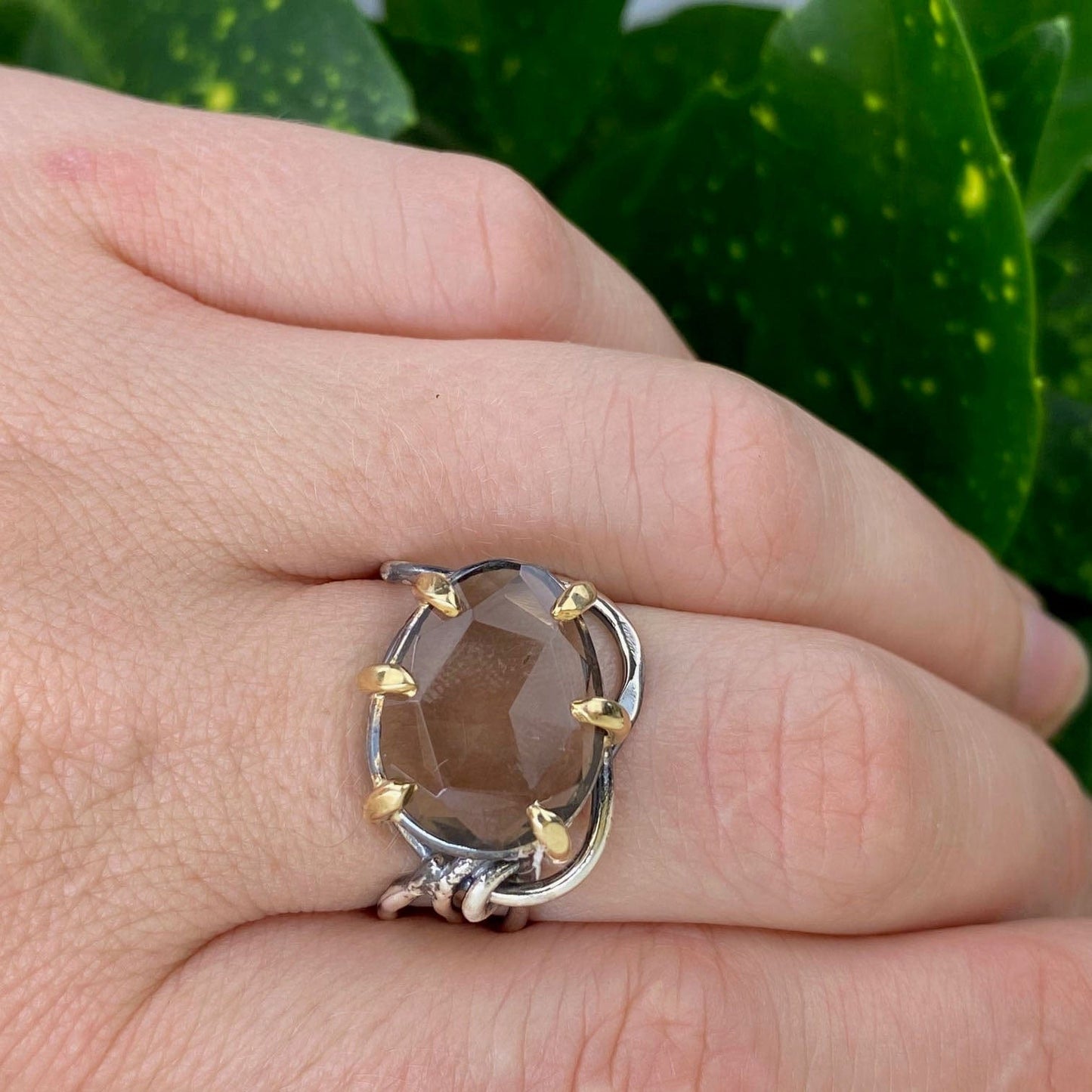 Silver and Gold Rose Cut Smokey Quartz Ring