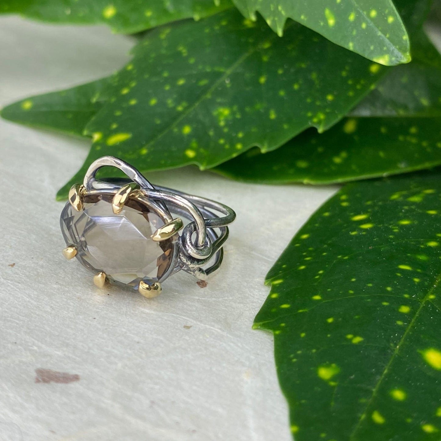 Silver and Gold Rose Cut Smokey Quartz Ring