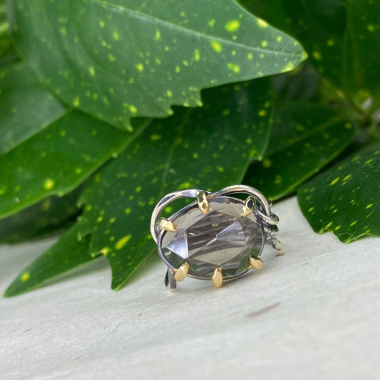 Silver and Gold Rose Cut Smokey Quartz Ring