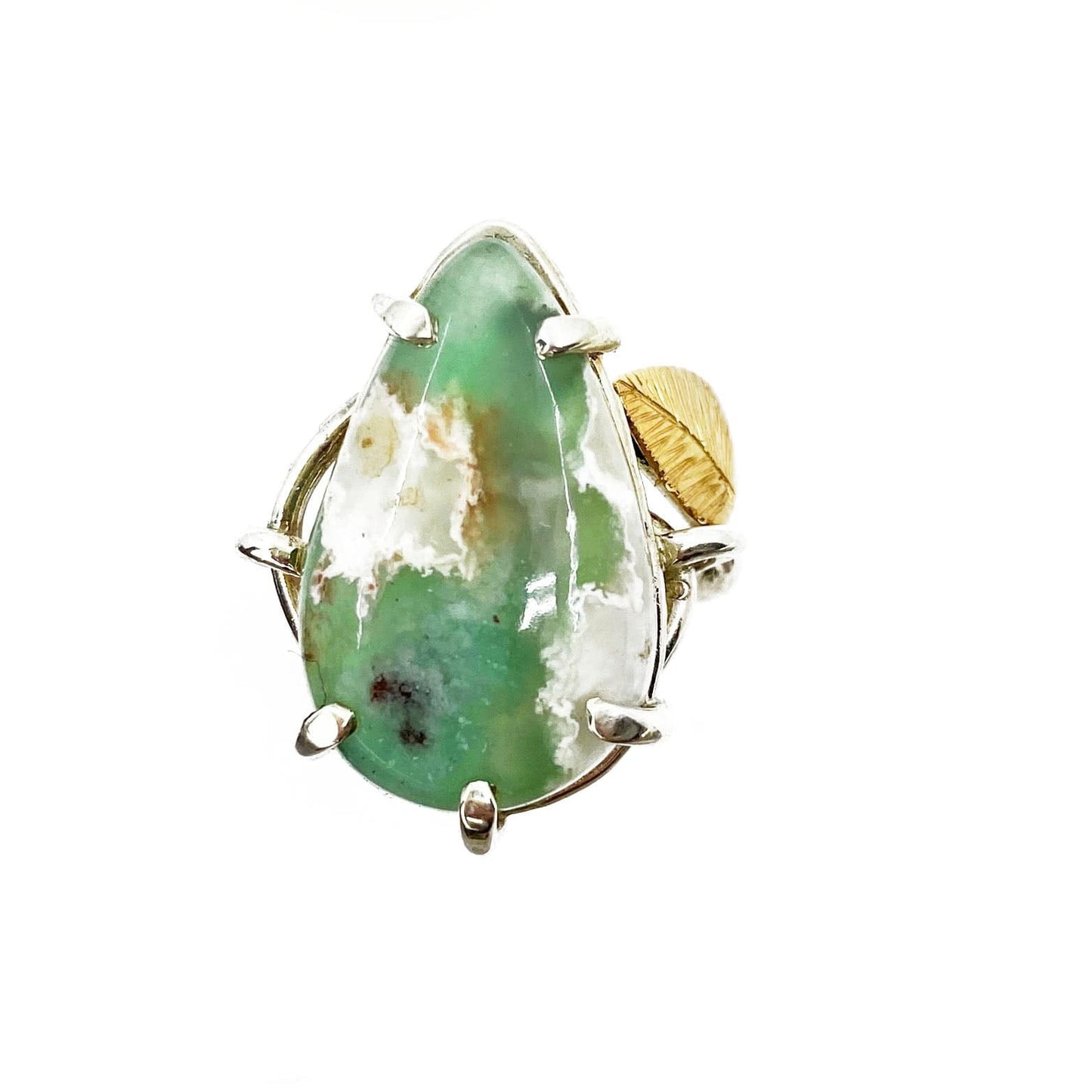 Yellow Gold and Silver Chrysoprase Leaf Ring